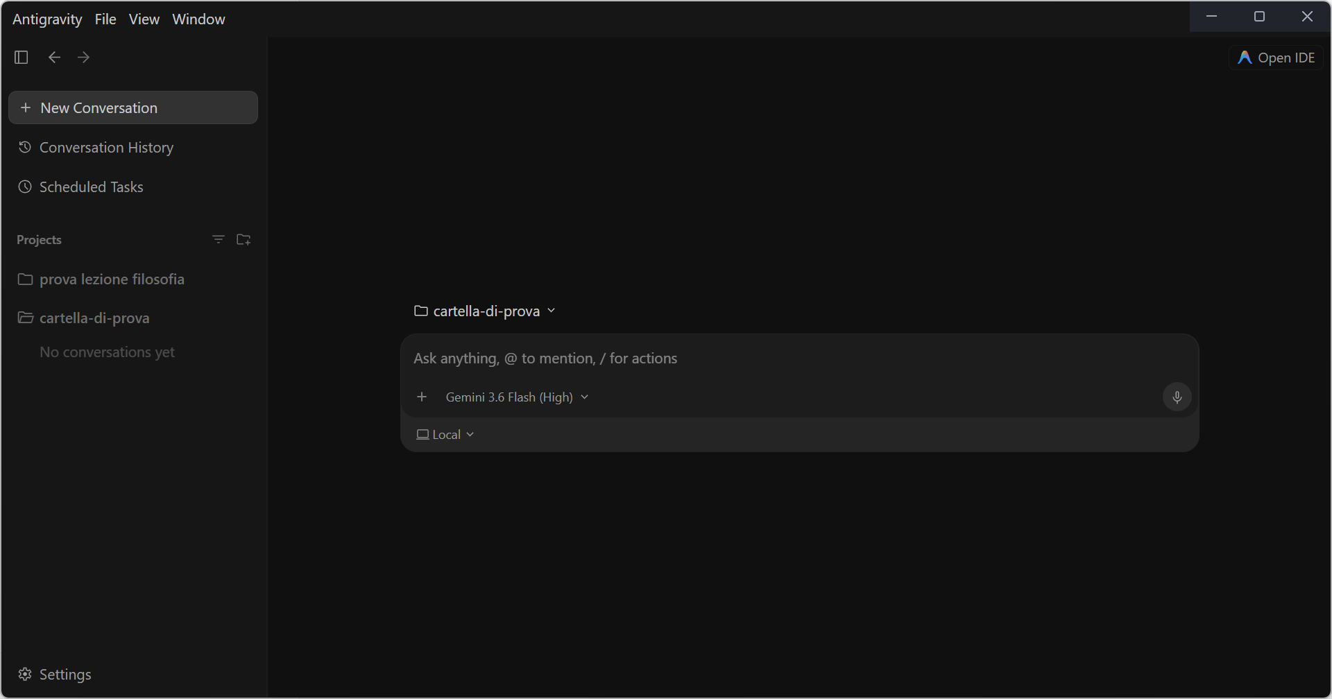 Schermata di Antigravity nell'app desktop