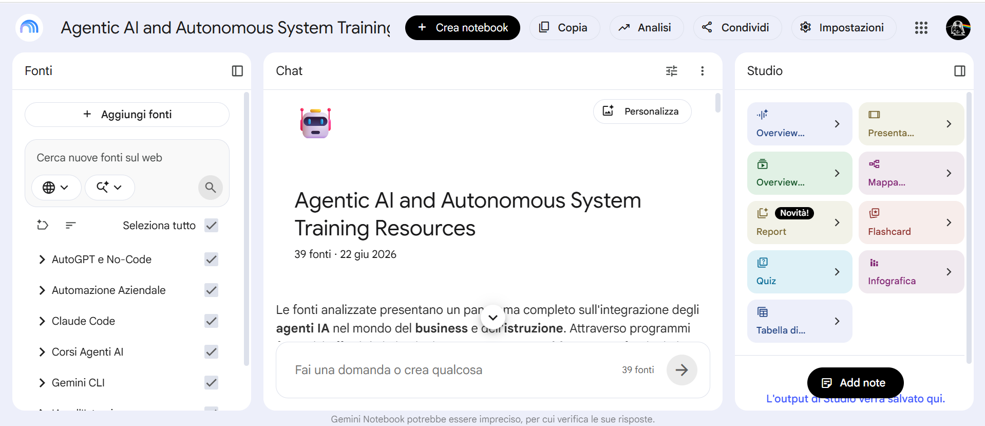 Schermata di NotebookLM con trentanove
            fonti caricate, la chat al centro e il pannello Studio a destra